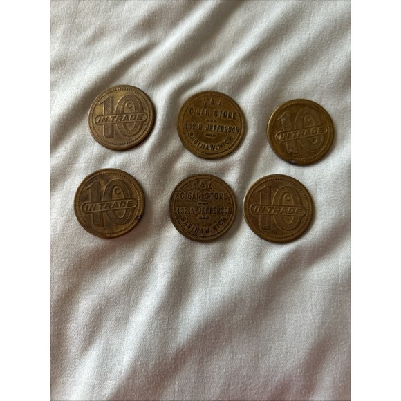 Vintage Lot Of 6 J&L Cigar Store .10‎ Trade Tokens Saginaw Michigan - Picture 1 of 2